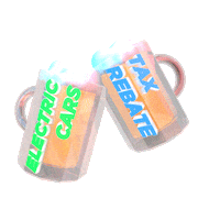 Text gif. Two 3D animated beer pints cheers-ing, one labeled "electric cars" and one labeled "tax rebate."