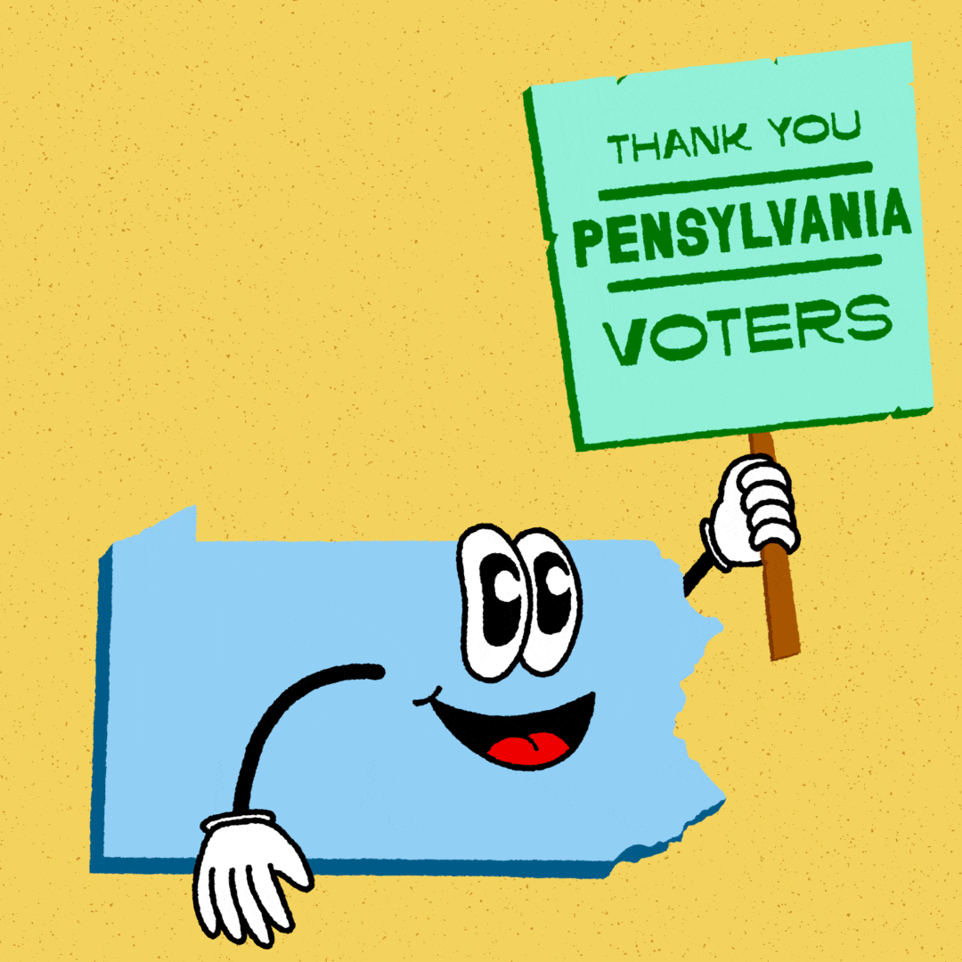 Digital art gif. Icy blue graphic of the anthropomorphic state of Pennsylvania on a butter yellow background holding a seafoam green picket sign that reads "Thank you Pennsylvania voters!"