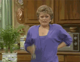 TV gif. Blanche from Golden Girls spritzes herself with a spray bottle full of water and firmly places it on the counter. She huffs and puffs as if overheated from hearing a steamy story and trying to cool herself off.