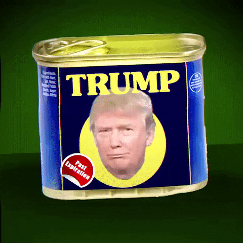 Digital art gif. Trump's head making an incredulous mocking expression appears on a can of Spam, labeled "Trump," with a red sticker that says "past expiration."