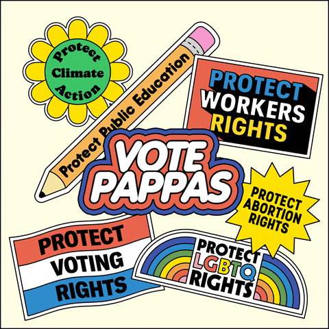 Digital art gif. Collection of stickers on a white background, brightly colored and full of energy, a flexing daisy that reads "protect climate action," a bobbing pencil that reads "protect public education," a waving flag that reads "protect voting rights," an oscillating marquee that reads "protect workers rights," a twirling dodecagram that reads "protect abortion rights," an oscillating rainbow that reads "protect LGBTQ rights," and front and center, a flashing neon sign that reads "Vote Pappas."