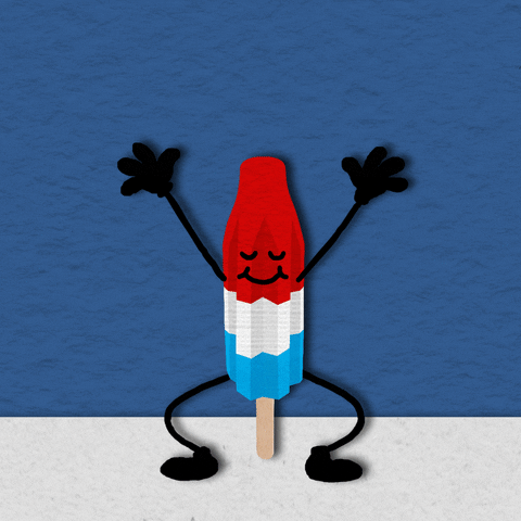 Illustration gif. Red white and blue bomb popsicle dancing with its eyes closed and clapping its hands over its head.