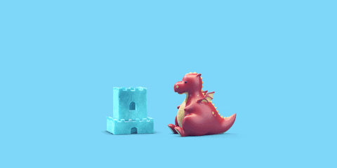 Digital art gif. Chunky red dragon with tiny flapping wings breathes fire onto a blue ice castle, melting the side.
