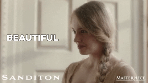 TV gif. Lily Sacofsky as Clara from Sanditon smiles gently as she says "beautiful," which appears as text.