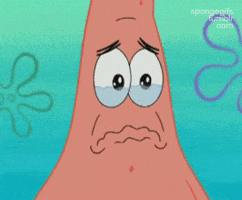 Spongebob gif. Patrick gazes sorrowfully as tears well in eyes and his lips tremble.