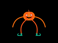 Digital art gif. Cartoon pumpkin with thin limbs and curly green shoes does a stomping dance, puffs of white dust appearing underneath its feet.