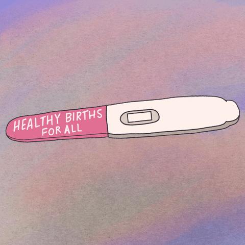 Digital illustration gif. Pink pregnancy test sways back and forth, showing two vertical yellow lines with text that reads, "Healthy births for all."