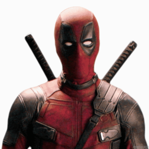 Movie gif. Deadpool is staring at us with his full suit on and he gives us a double OK hand signal while tilting his head down.