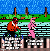 Meme gif. Animation of very old video game shows a man riding a bike behind a woman running. The man is labeled "Me, riding my bike to work because I cannot afford a car," and the woman is labeled, "Pedestrians in my bike lane."