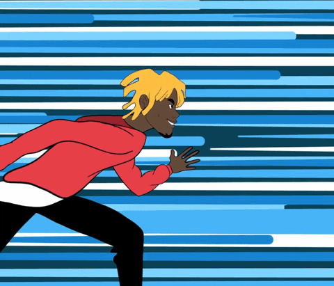 Music video gif. From Secrets: An animated version of Sleazus Bhrist seen in profile leans into a run past a blurred background. 