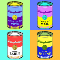 Digital art gif. Four cans of soup that resemble Andy Warhol’s famous Campbell’s soup cans playfully change colors against a colorful background. The top left can label reads, “Pennsylvanians register to vote.” The top right can label reads, “Pennsylvanians vote by mail.” The bottom left can label reads, “Pennsylvanians vote early.” The bottom right can label reads, “Pennsylvanians, stay in line.”