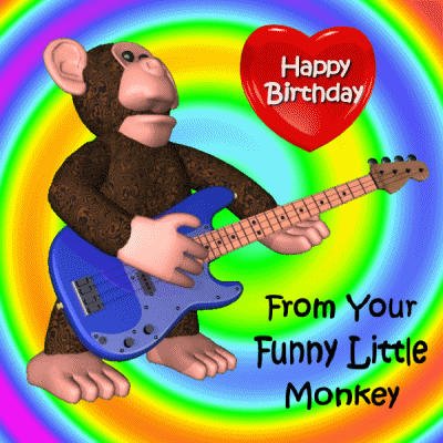 Digital illustration gif. Digital monkey rocks side to side playing an electric guitar against a spiraling rainbow background. A red heart that says "Happy Birthday" spins above more text that reads, "From your funny little monkey."