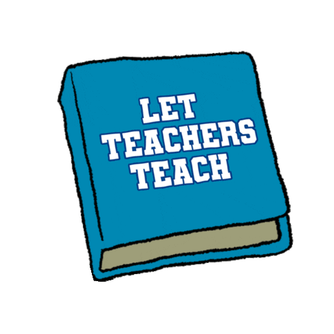 Digital art gif. Animation of a blue book with the title "Let teachers teach," that opens up to a page that says, "Let students learn," in all-caps font.