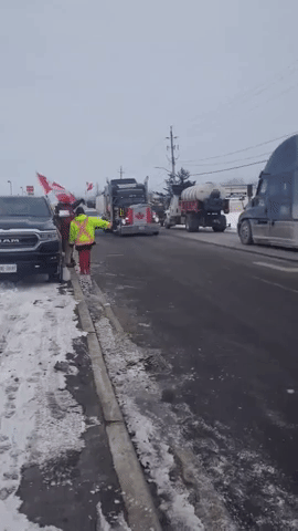 Flag-Wavers Line Road as Anti-Vaccine-Mandate Convoy Drives Through Southern Ontario