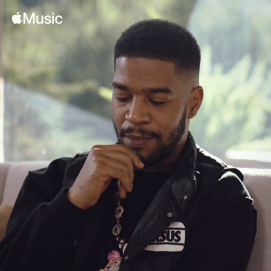 Celebrity gif. Kid Cudi bows his head and cradles his forehead with his fingers, looking embarrassed.