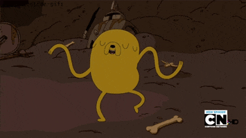 Cartoon gif. Jake the Dog from Adventure Time does a loosey-goosey dance with long, extended arms.