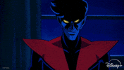 TV gif. A nighttime scene from the animated TV show "X-Men 97" shows Nightcrawler striking a pose in a moonlit room as he wields three swords—the third of which is held by his tail. 