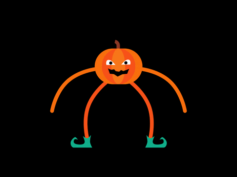 Digital art gif. Cartoon pumpkin with thin limbs and curly green shoes does a stomping dance, puffs of white dust appearing underneath its feet.