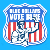 Digital art gif. Inside a crest shape is a cartoon of a strong construction worker wearing a hard hat and flexing his bicep, holding a ballot box in his other hand. In the background of the crest are red and white stripes and a blue area, designed to look like the American flag. In the blue space, text reads, "Blue collars vote blue."