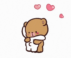 Kawaii gif. A white Milk and Mocha bear enthusiatically jumps into the arms of a brown Milk and Mocha bear, spinning together in a big romantic hug, pink hearts spiraling all around them.