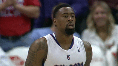 Sports gif. DeAndre Jordan from the Clippers is on the court and he walks by while scrunching his face, confused and in disbelief at what he's seeing.