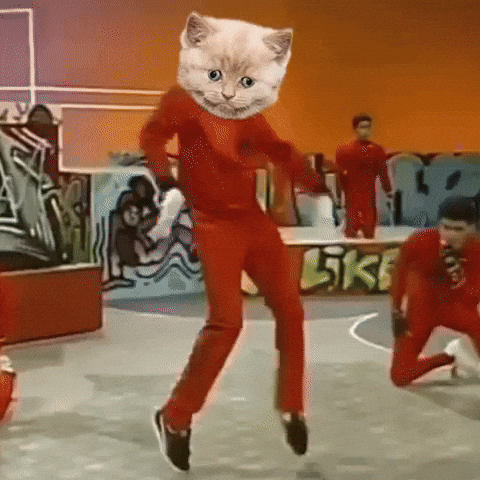 Video gif. A dancer in red with a superimposed kitten head does the arm wave as men in matching outfits kneel around him.