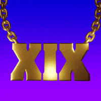 Digital art gif. Gleaming gold chain featuring the letters “XIX” swings back and forth over a blue background.