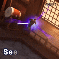 Sponsored gif. Video game character holding a sword hovers a few feet off the ground before suddenly turning and flying through the air toward us. Purple magic surrounds them. Text reads, "See you soon."