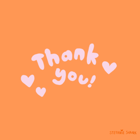 Text gif. Cute bubbly text and hearts change color, from blue to yellow to pink and beige, pulsing on an orange background, reading "thank you!"