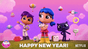 Cartoon gif. Cast members from True and The Rainbow Kingdom all wave happily at us in front of a purple and pink sunset. Text, "Happy new year!"