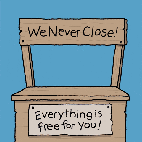 Cartoon gif. Small white dog pops up from behind a wooden shop stand with a sign that reads "We never close!" and another sign below that reads "Everything is free for you!" The dog waves and then places on the table a jar labeled "love," a box labeled "caring," and a box labeled "bonz."