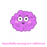 Illustrated gif. Lilac colored brain personified with glasses and smile stretches its arms up and out, unleashing rainbows of pink and purple hearts. White and lilac text on a transparent background reads, "Let's take on mental health. Especially among our children!"