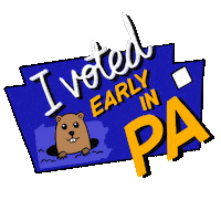 Digital art gif. Groundhog pops his head out of a hole over a blue shape of Pennsylvania against a transparent background. A yellow check mark fills in a box next to the text, “I voted early in PA.”