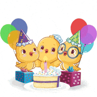 Cartoon gif. Three yellow chicks huddled together around a slice of birthday cake, two wearing party hats one wearing a sailor hat, colorful balloons and wrapped gifts around them, an alternating message in cyan blue bouncing above them. Text, "Feliz cumpleanos, Happy birthday!"