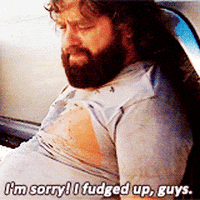 Movie gif. Zach Galifianakis as Alan in The Hangover sits against a car tire. He looks down and shakes his head disappointedly. He says, “I’m sorry! I fudged up, guys.”