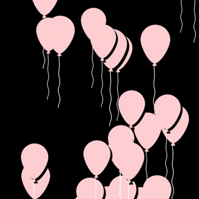 Digital art gif. Pink balloons float up in the air along with a balloon with the union jack design on it.