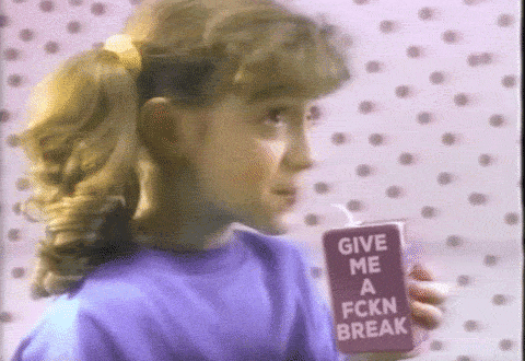 Video gif. Young girl in a bright purple t-shirt sips from a purple juicebox, which is labeled, "Give me a FCKN break." When she makes eye contact with us, she feigns shock before smiling slyly and showing off the juicebox. The background is light pink with purple polka dots, making the video appear vintage.
