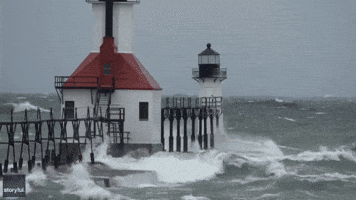 Monster Waves Slam Michigan Lighthouse