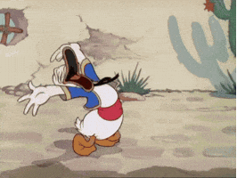 Disney gif. Donald Duck stretches his arms over his head in myrth then lays down to belly laugh.