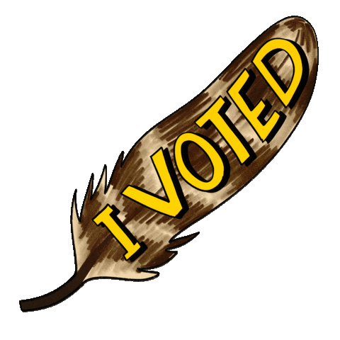 Digital art gif. Brown and tan feather dances back and forth over a transparent background. Text on the feather reads, “I Voted.”