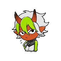 Sponsored sticker gif. Anime boy with demon horns, orange skin, and green and white hair looks angrily at us. Entire gif flips from side to side.