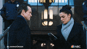 TV gif. A man and a woman detective from Law & Order stand on a city street, looking at the female detective’s phone. She says, “check this out.”
