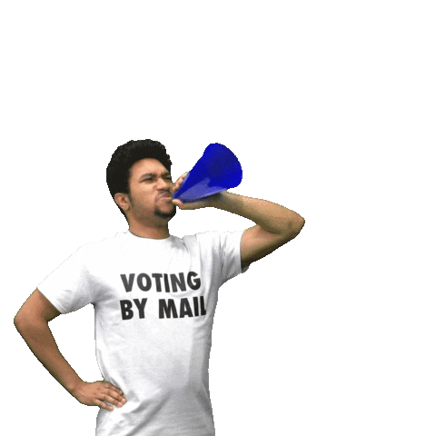 Video gif. Man wearing a shirt that says, “Voting by Mail” holds a blue megaphone to his mouth against a transparent background and shouts, “Request your mail-in ballot.”