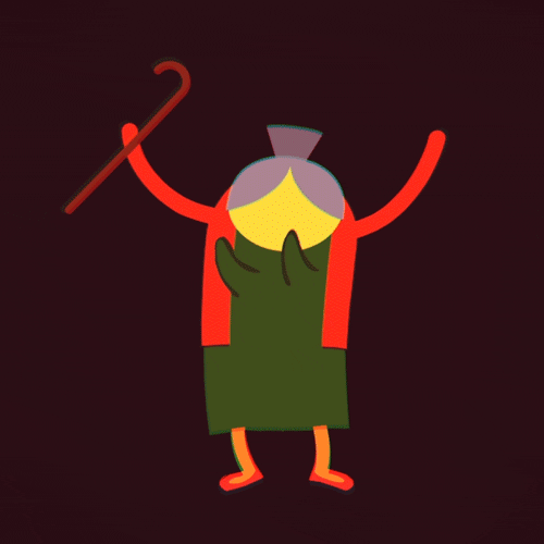 Illustrated gif. A grandmotherly figure dancing, holding a cane in one hand, as her breasts swing in circles.