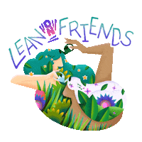 Text gif. Jumble of colorful letters read "Lean on friends" above a form of a bright, stylized garden scene, which, as your eyes adjust, becomes two women watering each other.