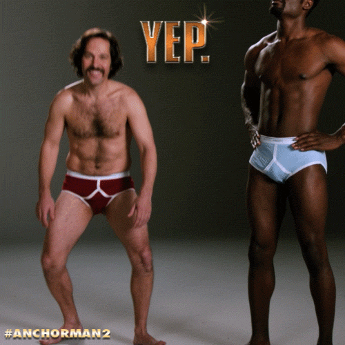 Movie gif. Wearing only briefs, a smiling Paul Rudd as Brian in Anchorman 2 squats down, next to another man who is also only wearing underwear. Text, “Yep.”
