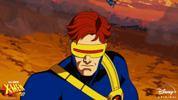 TV gif. A scene from the animated TV show "X-Men 97" shows Cyclops in the foreground as Beast, Bishop, Wolverine, Rogue, Gambit and Storm all land from the sky behind him and brace for combat. Cyclops' glasses glimmer with red as the team assembles. 