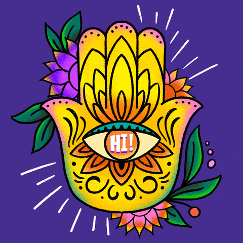 Illustrated gif. Bold flowers and action marks on a violet background surround a colorful Hamsa with a blinking eye that says "Hi!"