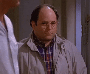 Seinfeld gif. Actor Jason Alexander as George Costanza in Seinfeld awkwardly glances around the room before slowly backing out of the apartment and closing the door behind him. 