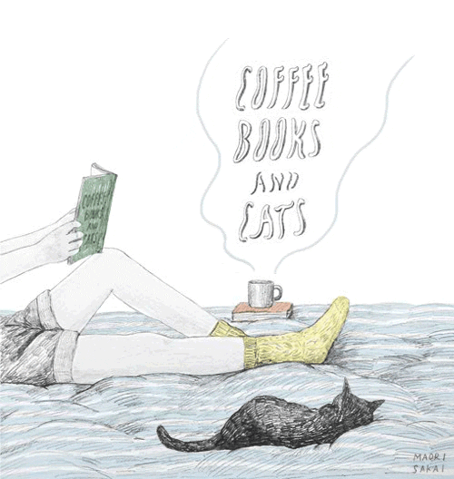 Illustrated gif. A person is reading in bed with their cat lounging next to them and the steam from the mug says, "Coffee, books, and cats."